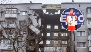 Zniszczenia wojenne w Ukrainie. W ramce Michał Siess