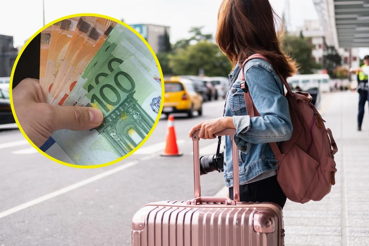 Wakacyjne rachunki grozy. Nawet 200 tys. dolarów za leczenie Kobieta z bagażem przed terminalem lotniska, w żółtym kółku dłoń z banknotami euro o wysokich nominałach.