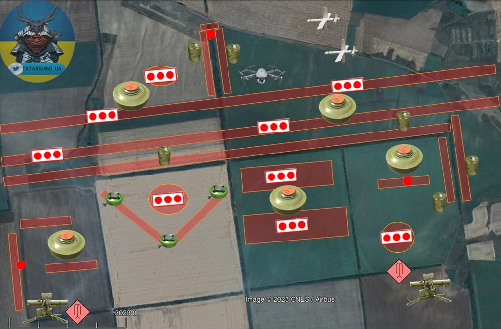 Przykładowe rozmieszczenie pola minowego Rosjan autorstwa Tatarigami_UA z całym systemem obronnym, wykorzystującym różne rodzaje min oraz dodatkowej broni