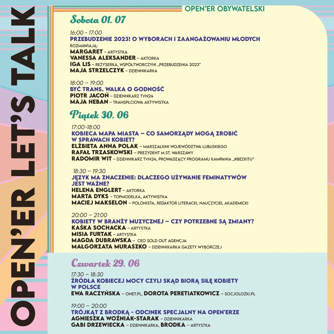 Dyskusje w ramach Open'era Obywatelskiego prezentują się w tym roku następująco