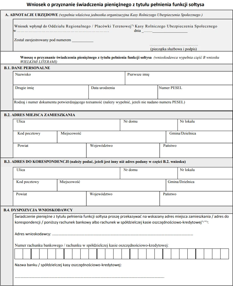 Wniosek o wypłatę 300 zł dodatku do emerytury dla sołtysów.