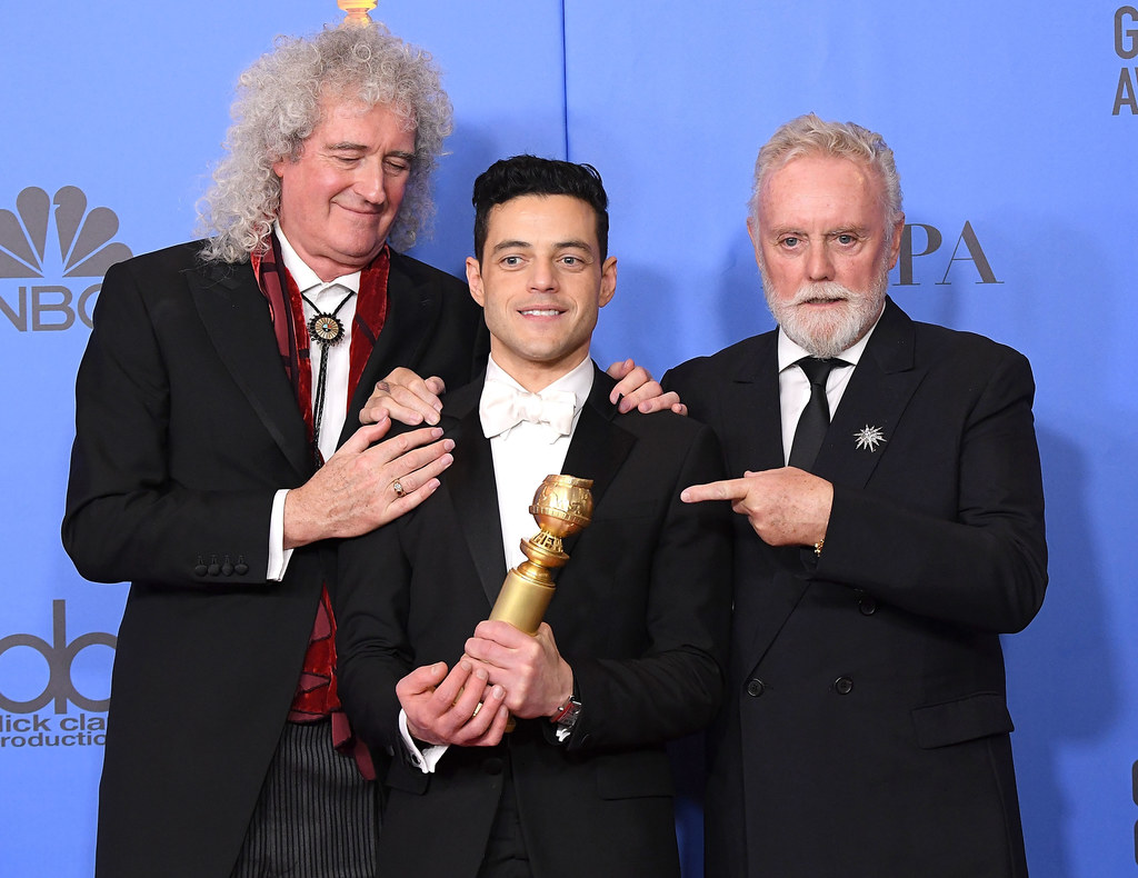 Brian May, Rami Malek (filmowy Freddie Mercury) i Roger Taylor w 2019 r.