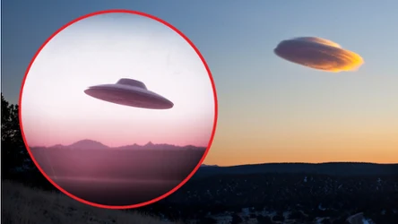 Chmury soczewkowate często ze względu na swój niecodzienny kształt często są mylone z UFO. Z prawej strony: chmura soczewkowata. Z lewej: wizja artystyczna latającego spodka