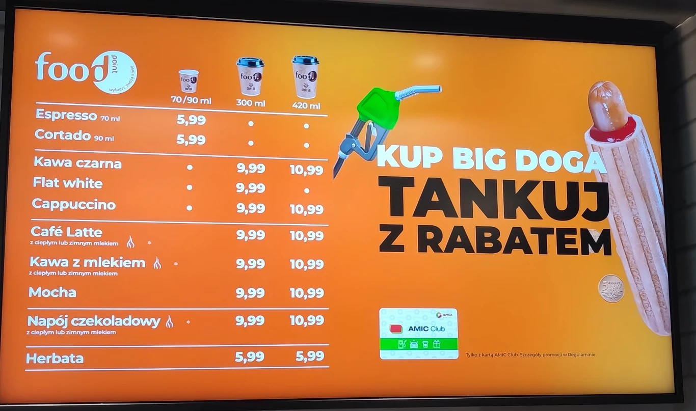 Menu kawowe na stacji Amic.