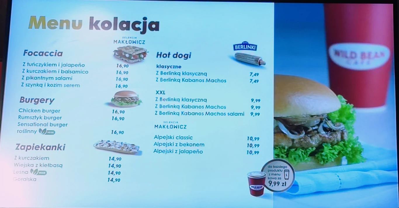 Menu popołudniowe na stacji BP w sieci WIld Bean Cafe.