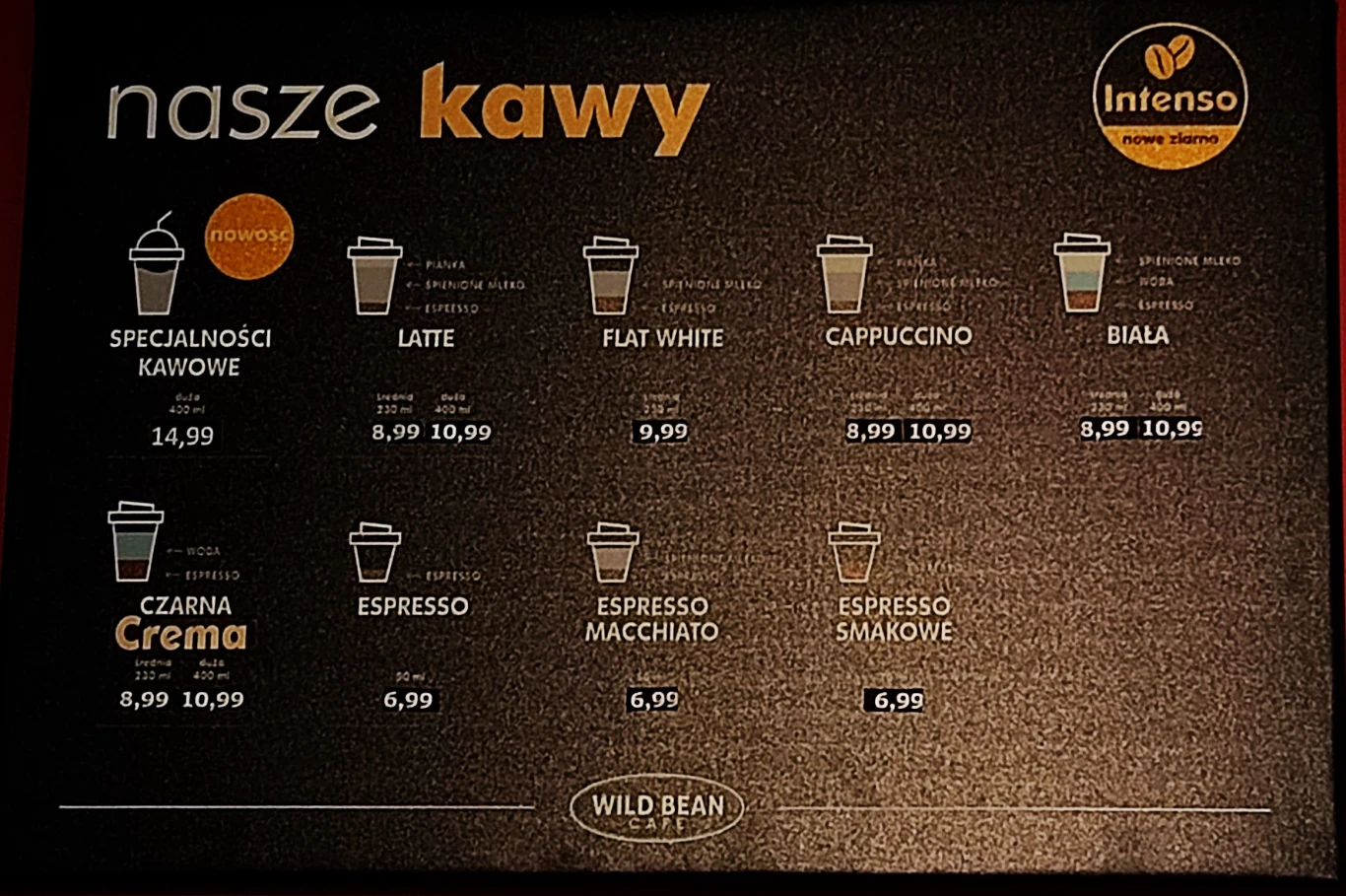 Wild Bean Cafe i menu kawowe wraz cenami. Aktualne ceny z 2 lipca 2023.
