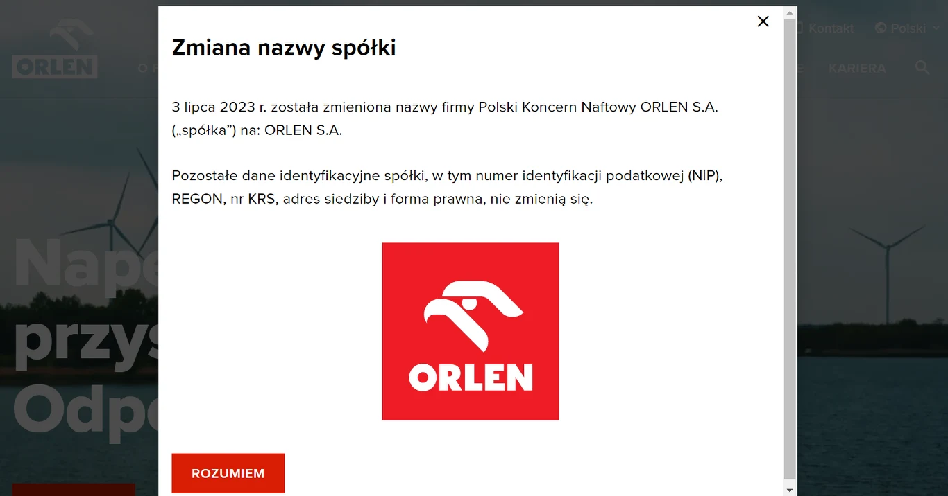 Orlen zmienił nazwę. Na stronie internetowej koncernu pojawił się stosowny komunikat. 