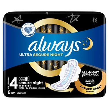 Always Ultra Podpaski Secure Night (rozmiar 4) ze skrzydełkami x6 - 1
