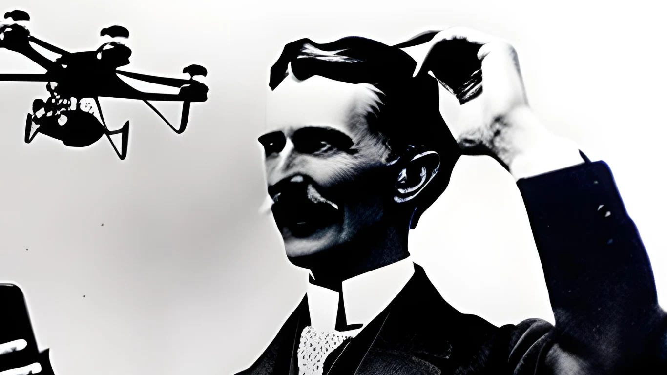 Nikola Tesla z dronem. Jedna z przepowiedni wynalazcy okiem sztucznej inteligencji Nikola Tesla z dronem. Jedna z przepowiedni wynalazcy okiem sztucznej inteligencji