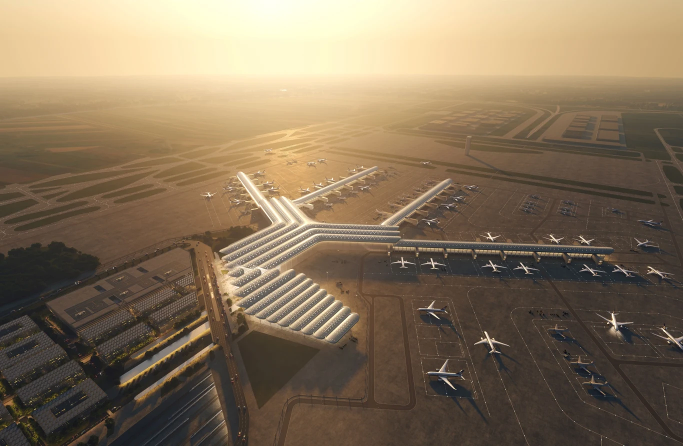 Lotnisko Port Polska (dawne CPK) będzie mieć inwestora strategicznego. To Polskie Porty Lotnicze (PPL), które w przyszłości obejmą 100 proc. udziałów w Port Polska. Na zdj. wizualizacja centralnego portu lotniczego (Port Polska d. CPK) Projekt CPK z zewnątrz