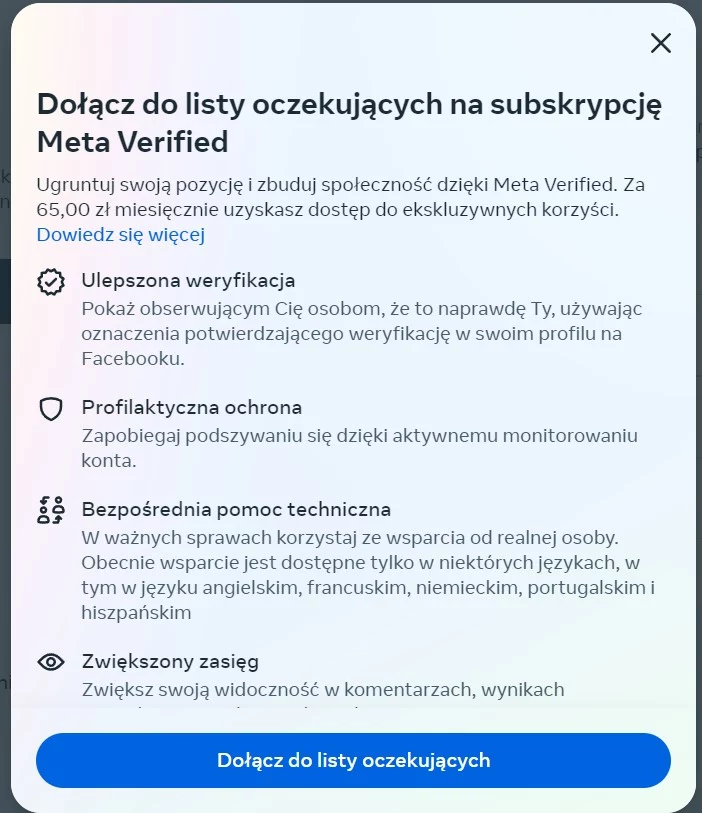 Opis usługi Meta Verified.