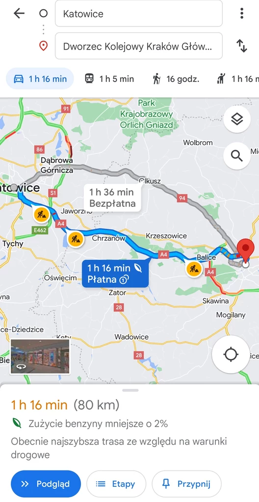 Trasa z Katowic do Krakowa samochodem wyznaczona w Mapach Google.