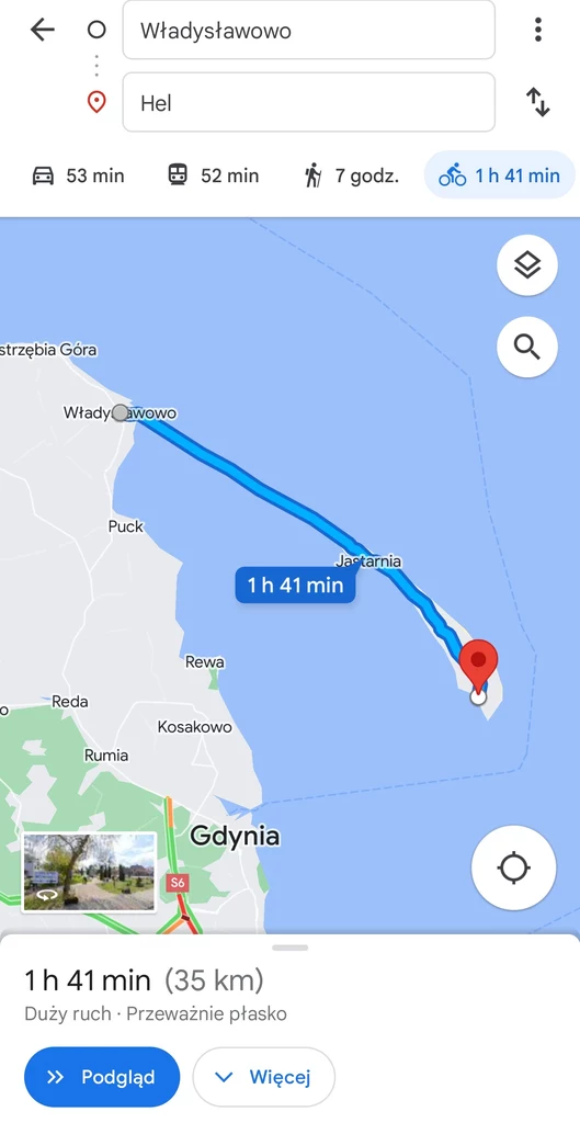 Trasa rowerowa z Władysławowa do Helu wyznaczona w Mapach Google.