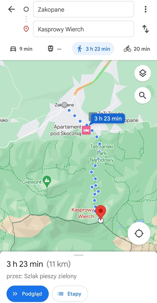 Trasa piesza z Zakopanego na Kasprowy Wierch w Mapach Google.