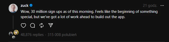Jeden z postów Marka Zuckerberga opublikowanych w pierwszych godzinach działania aplikacji