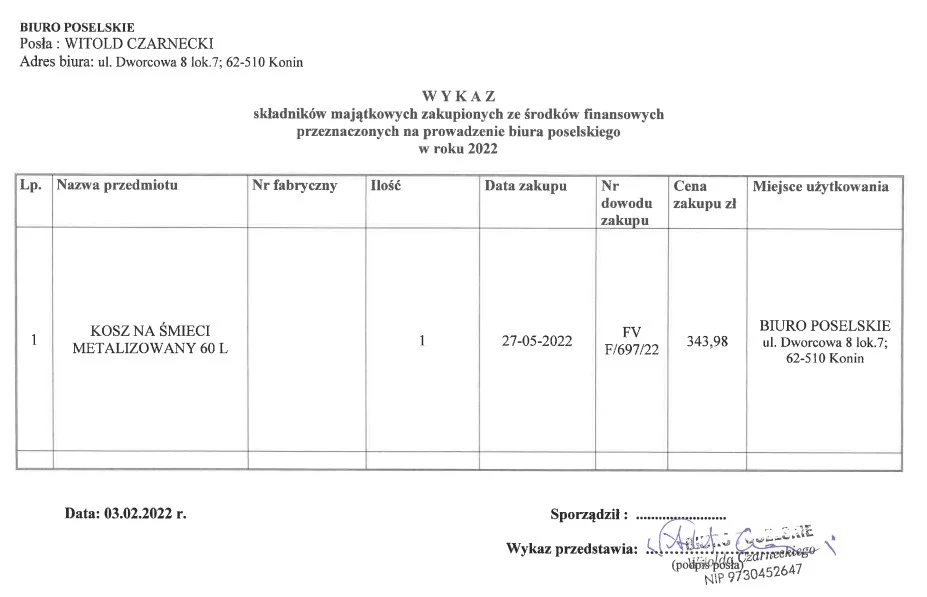 Kosz na śmieci w biurze poselskim? Tak, ale za spore pieniądze.