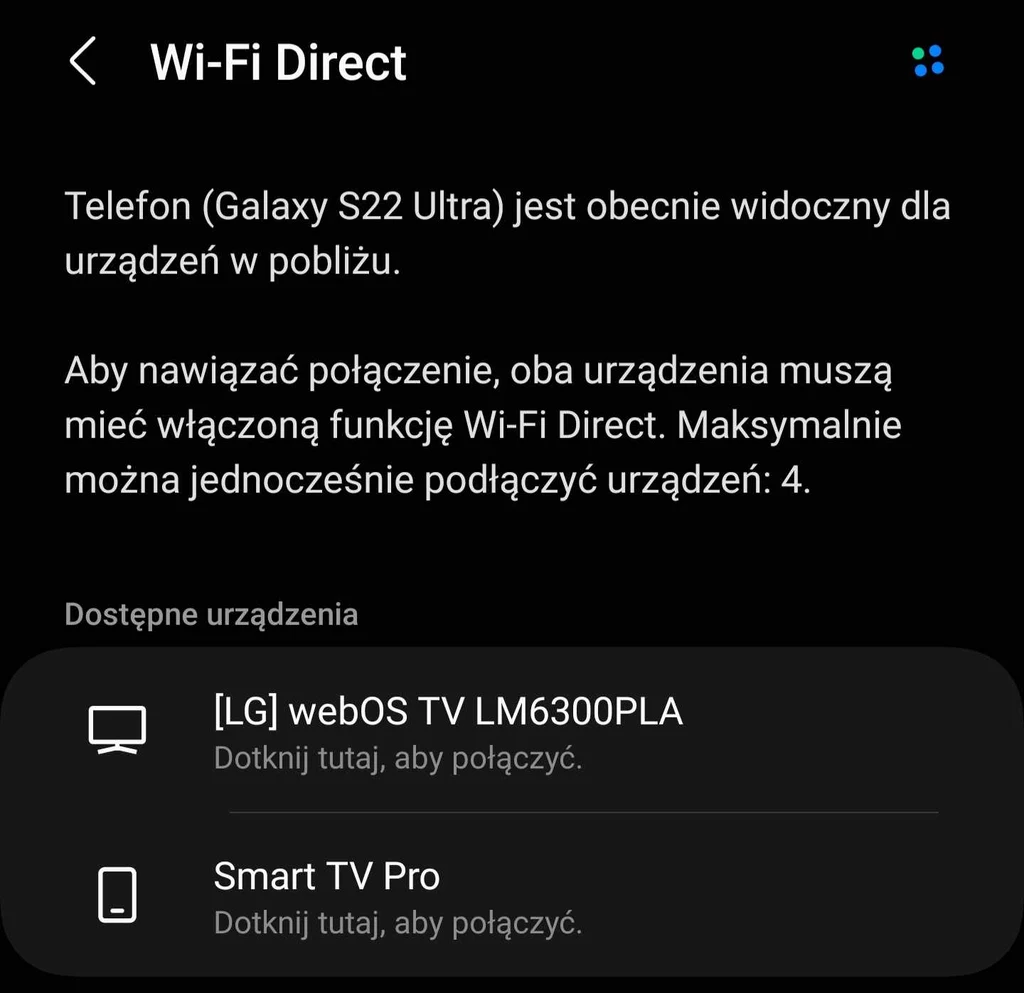 Połączenie telefonu z telewizorem przez WiFi Direct.