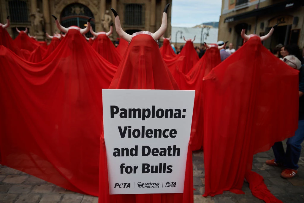 Protest organizacji prozwierzęcych podczas festiwalu walk byków w Pampelunie