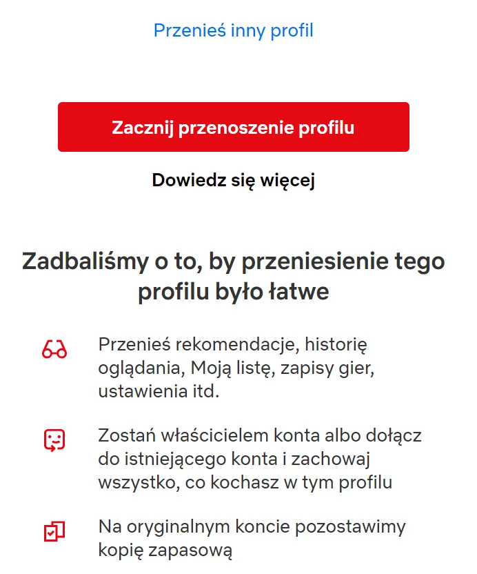 Przeniesienie profilu Netflixa na nowe konto. 