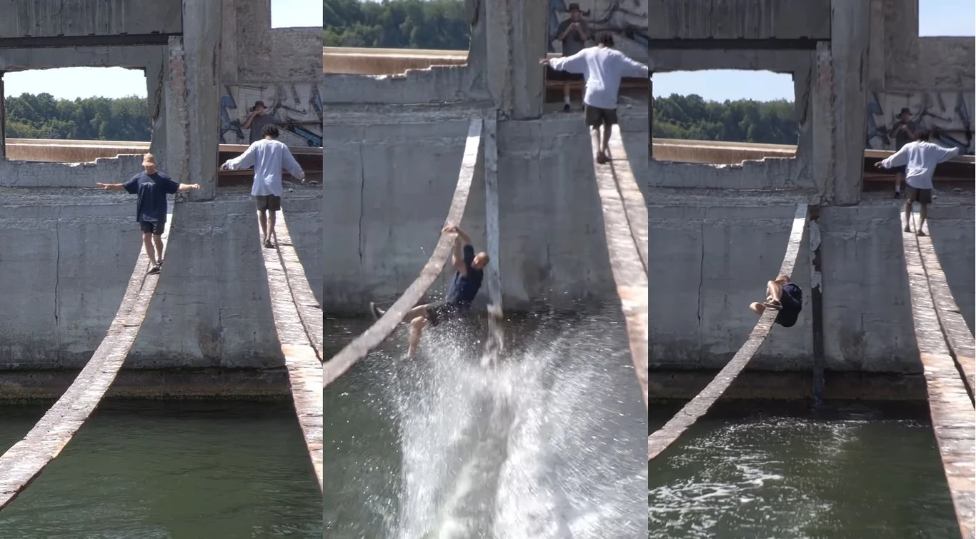 Mężczyzna przechodził po chwiejnej i przerdzewiałej kładce, która zawaliła się pod jego ciężarem Mężczyzna przechodził po chwiejnej i przerdzewiałej kładce, która zawaliła się pod jego ciężarem