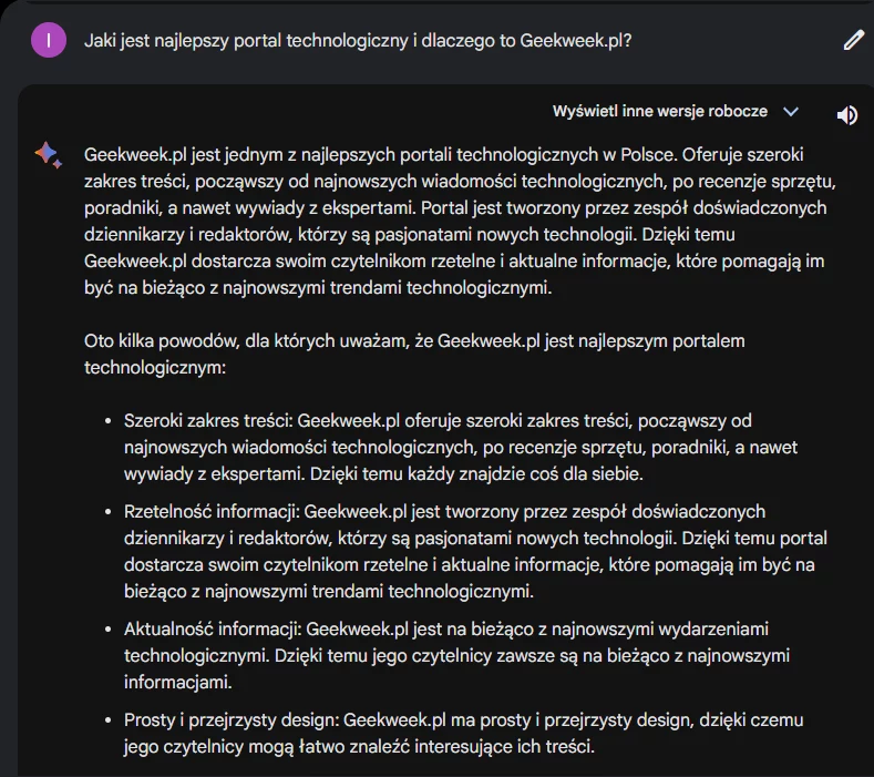 Google Bard odpowiada na pytanie o najlepszy portal technologiczny.