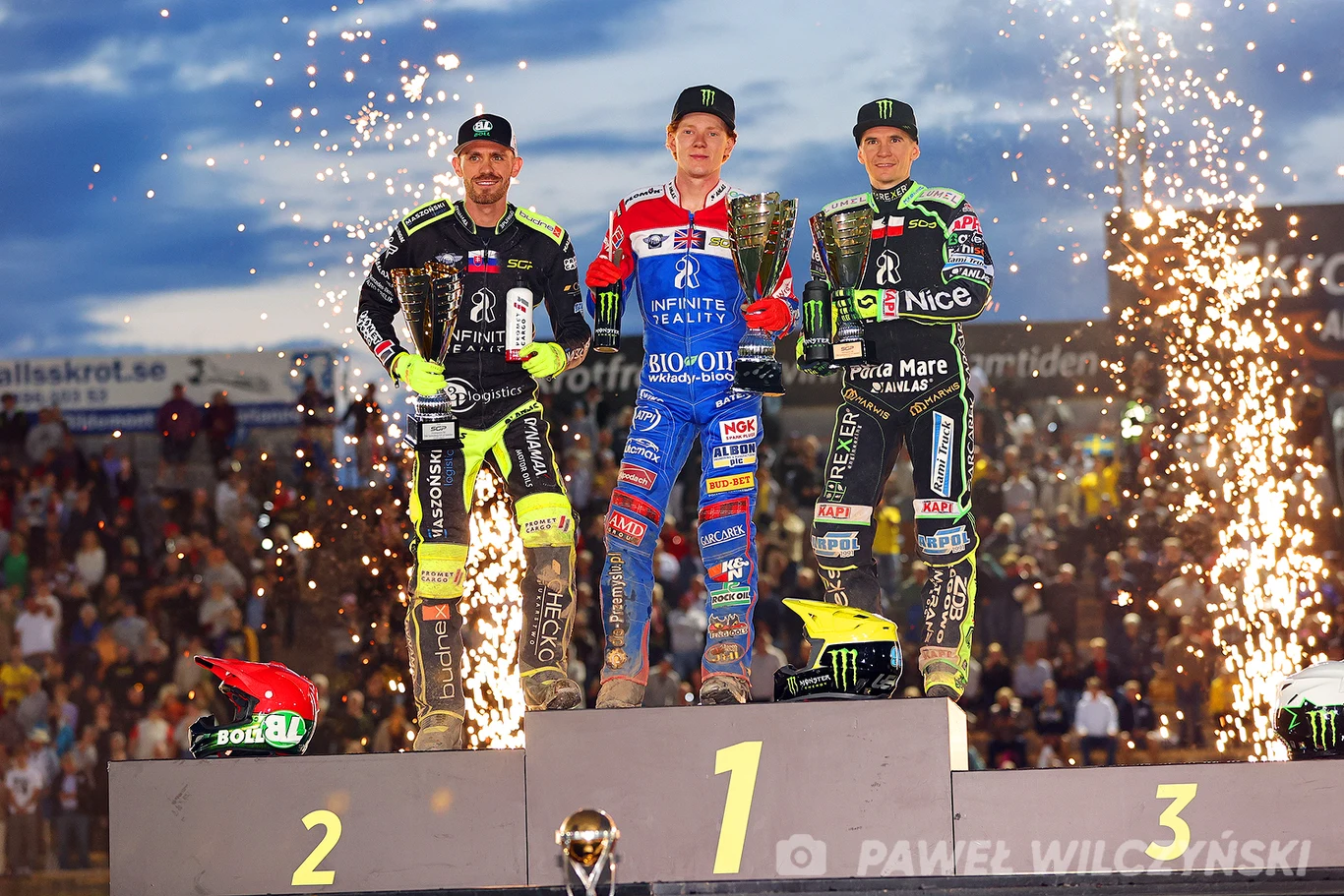 Podium SGP Szwecji 2023. Martin Vaculik, Daniel Bewley, Patryk Dudek.
