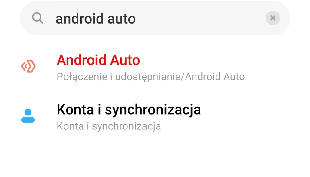 Pozycja Android Auto wraz z jedną z możliwych ścieżek dostępu (połączenie i udostępnianie)