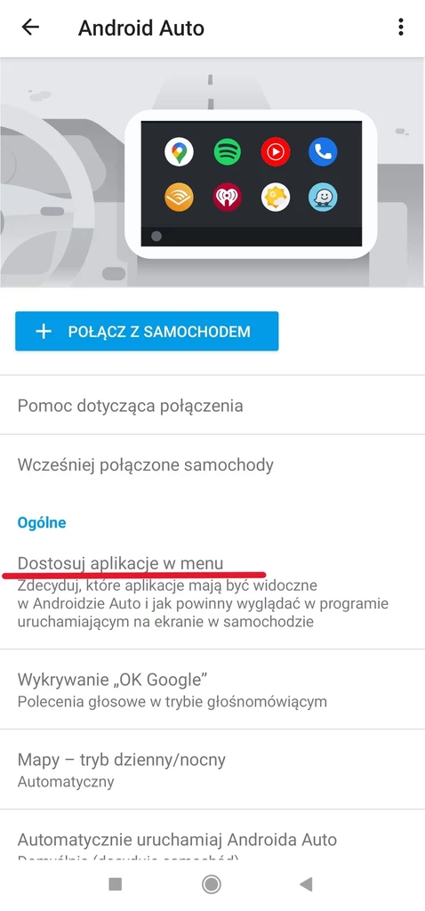 Po przejściu do zaznaczonego menu wyświetli się lista aplikacji dostępnych po połączeniu z samochodem.