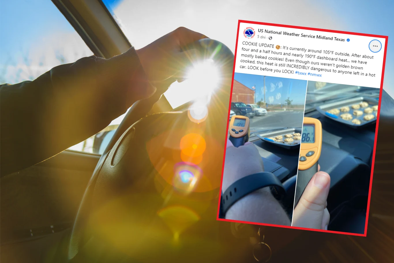 Pracownicy amerykańskiej Narodowej Służby Pogodowej podczas upału upiekli ciastka na desce rozdzielczej zaparkowanego samochodu Pracownicy amerykańskiej Narodowej Służby Pogodowej podczas upału upiekli ciastka na desce rozdzielczej zaparkowanego samochodu