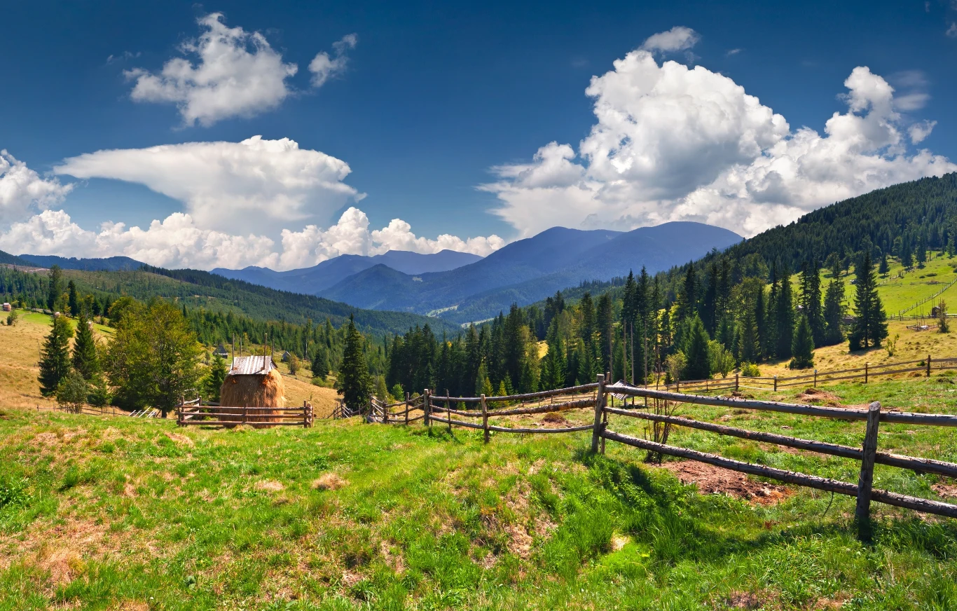 Przybywa krajowych i zagranicznych turystów którzy postrzegają Polskę jako bezpieczną alternatywę podróży Górski pejzaż. Na pierwszym planie zielona łąka przegrodzona drewnianymi barierkami. W tle chata, stóg siana i góry