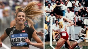 Natalia Kaczmarek (po lewej) po tym, jak pobiła rekord życiowy w Chorzowie i Irena Szewińska w biegu na rekord świata w Montrealu