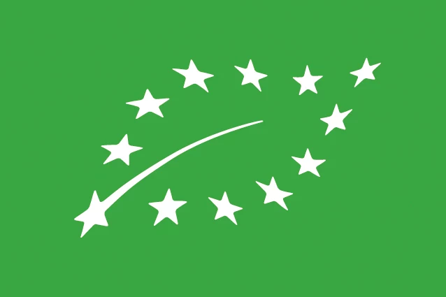Logo produkcji ekologicznej UE - kształt liścia ułożonego z gwiazdek na zielonym tle.