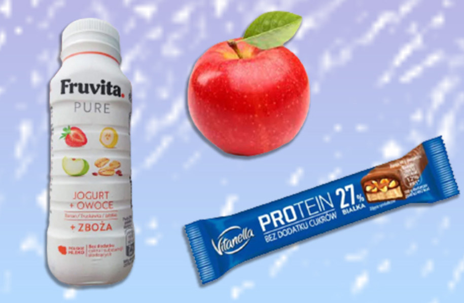 Pitny jogurt, baton proteinowy i jabłko