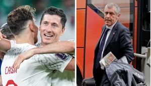 Reprezentacja Polski. Na zdjęciu Matty Cash, Robert Lewandowski oraz były już selekcjoner Fernando Santos