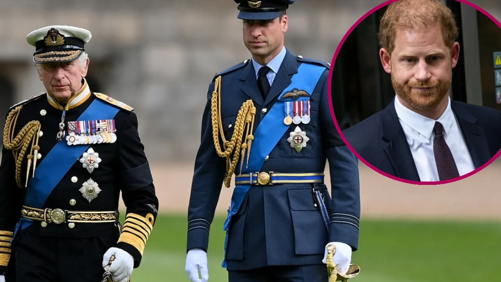 Król Karol, książę William i książę Harry.