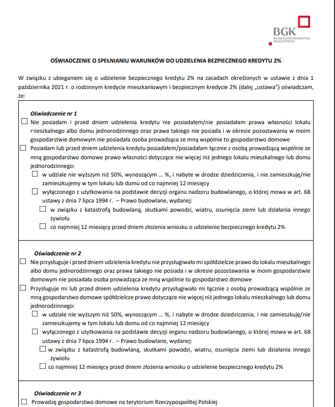 Wzór oświadczenia składanego przez kredytobiorców korzystających z Programu Pierwsze Mieszkanie.