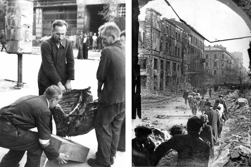 Z lewej: Mężczyźni w trakcie transportu koniny ul. Jasną na wysokości Filharmonii (ul. Jasna 5), 24 sierpnia 1944 r. (fot. Joachim Joachimczyk „Joachim”). Z prawej: Ludność cywilna przechodzi Al. Jerozolimskie na wysokości ul. Kruczej po kapitulacji.