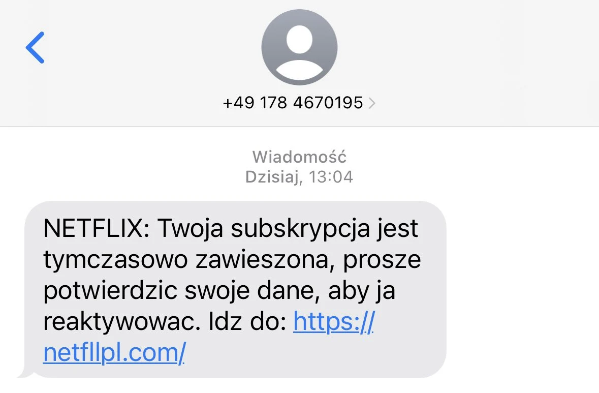 Przykład wiadomości phishingowej podszywającej się pod Netflix Przykład wiadomości phishingowej podszywającej się pod Netflix