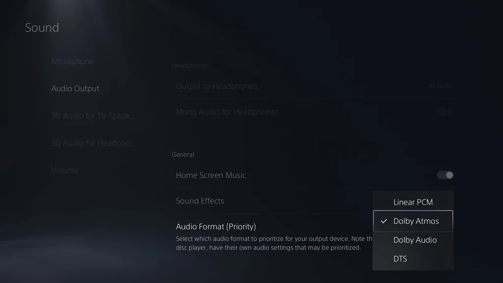 Sekcja z ustawieniami PlayStation 5, gdzie można włączyć Dolby Atmos