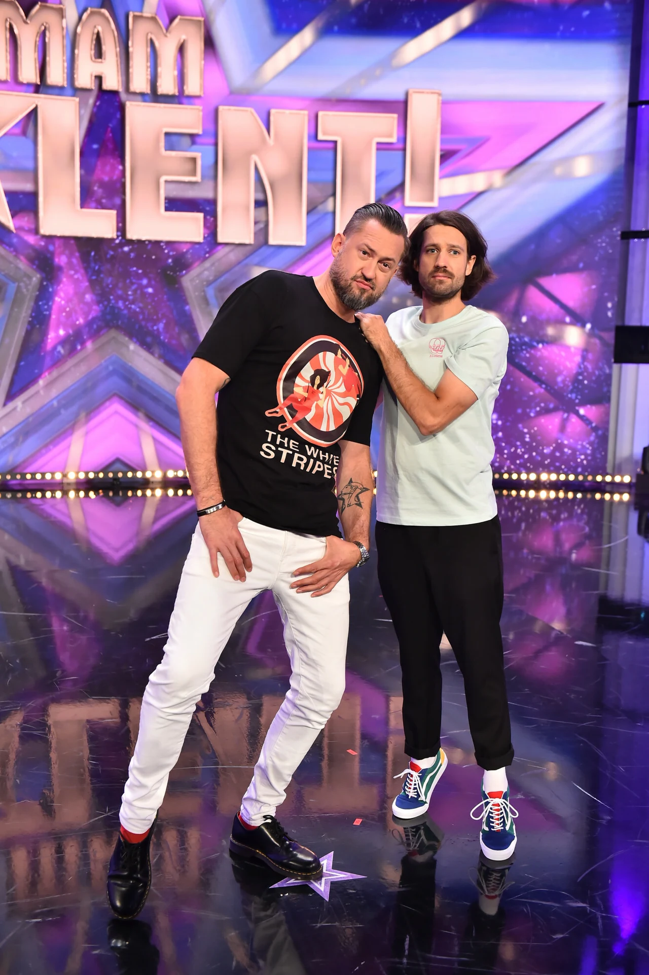 Marcin Prokop i Michał Kempa podczas prowadzenie "Mam talent" w TVN