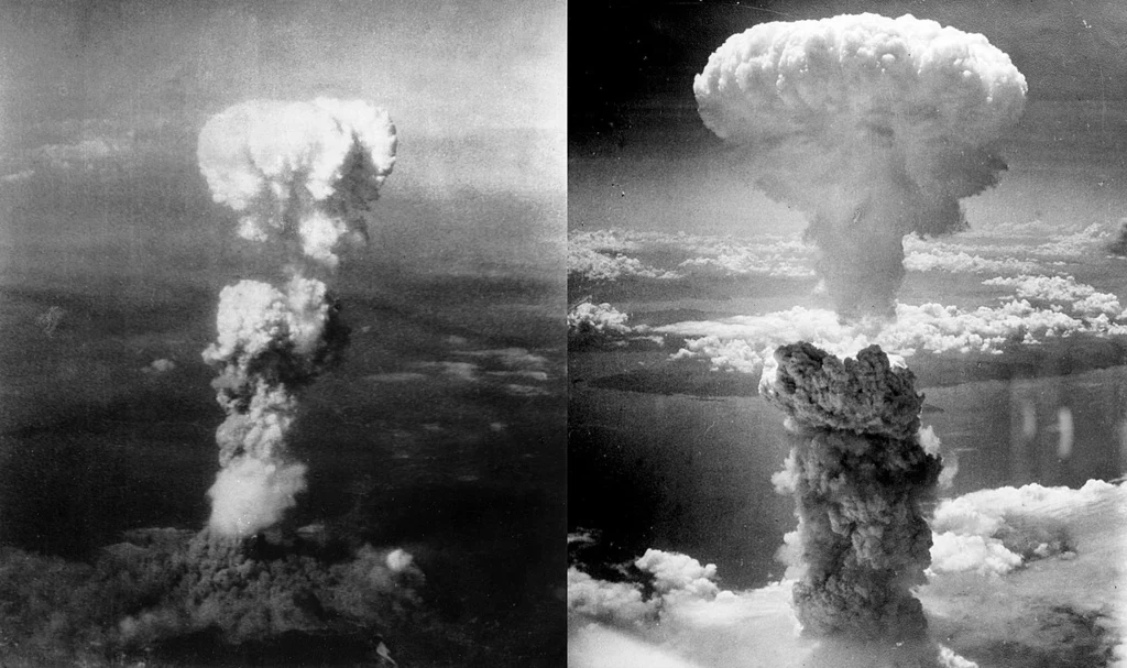 Zdjęcie bomb atomowych zrzuconych na Japonię. Po lewej na Hiroshimę, po prawej na Nagasaki.