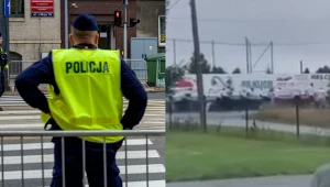 Policjant (zdjęcie ilustracyjne) oraz screen biegnącej grupy ludzi w Radłowie (05.08.2023 r.) - facebook.com/zvami.tv
