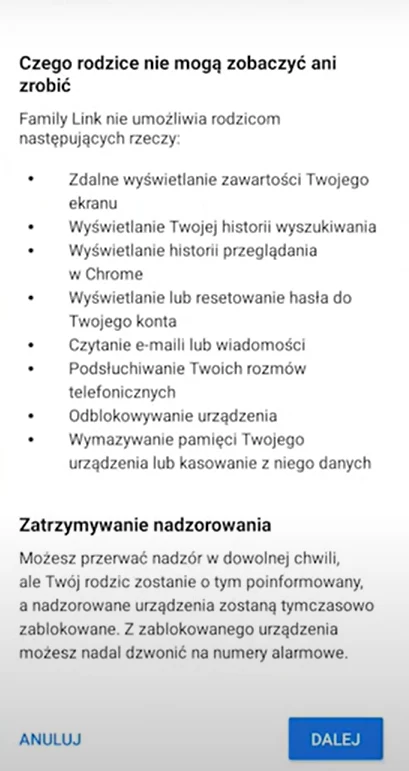 Lista informująca dziecko, do jakich funkcji rodzic nie ma dostępu w ramach kontroli rodzicielskiej Google Family Link.