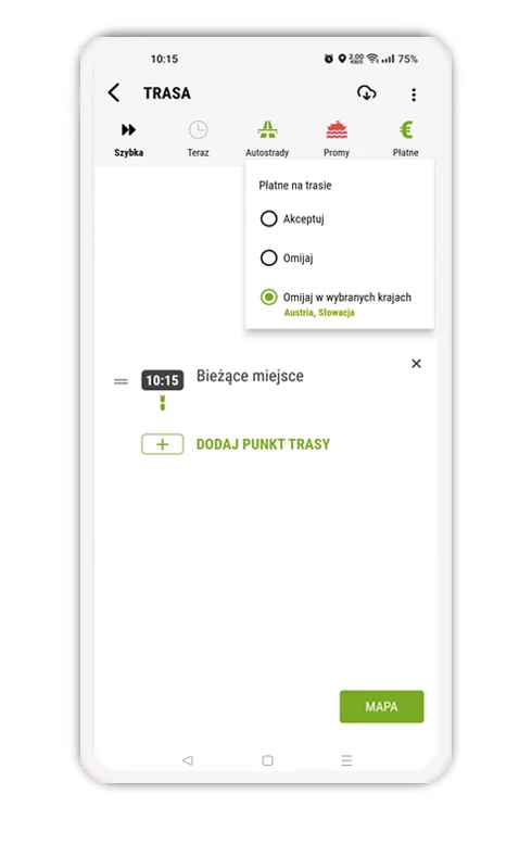 Opcja unikania płatnych odcinków dróg w aplikacji AutoMapa