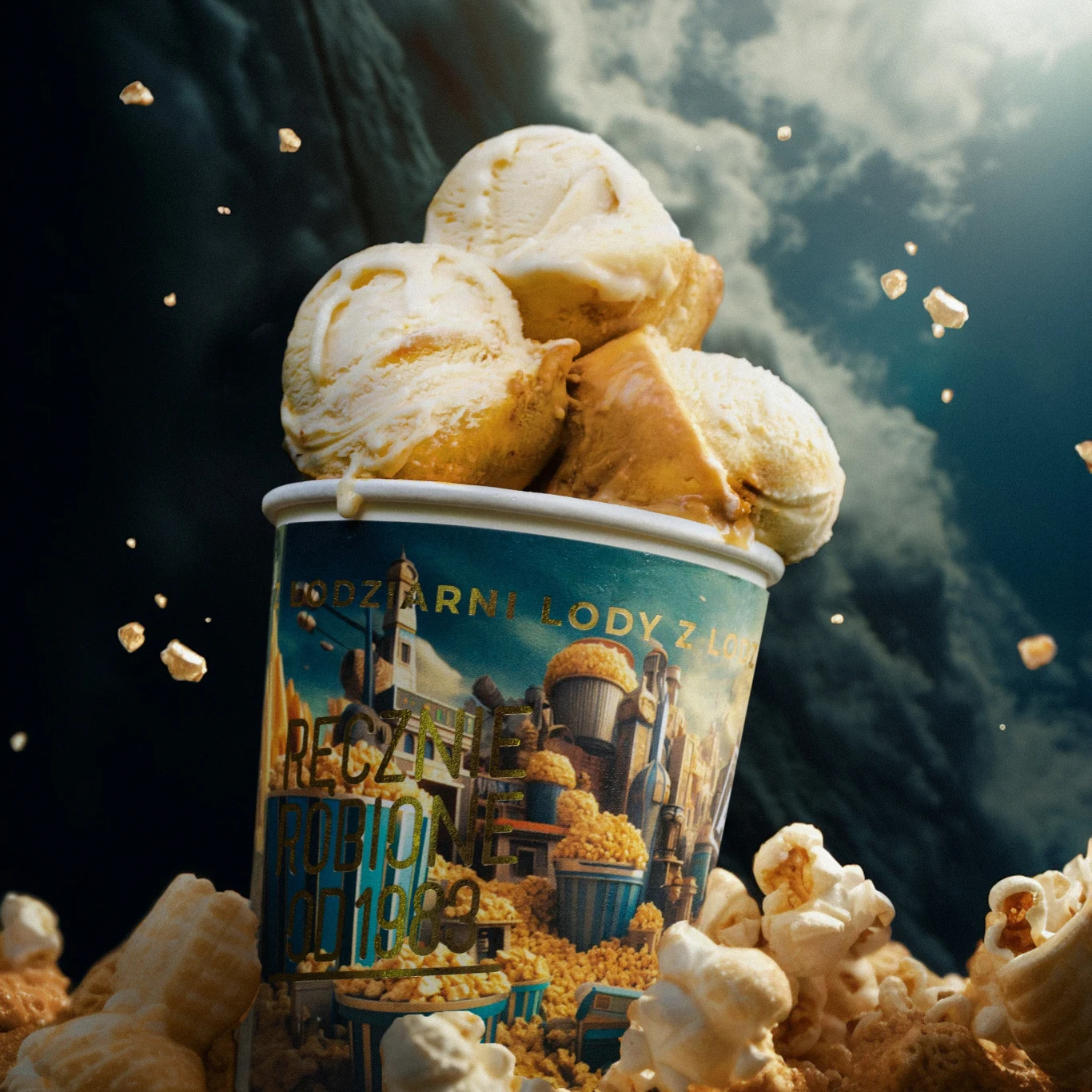Jeden z trzech projektów graficznych na kubkach nowych lodów wymyślonych przez AI. Wszystkie powstały przy użyciu narzędzi graficznych generujących obrazy zgodnie z poleceniami użytkownika.