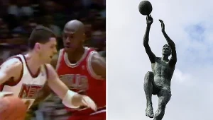 Drazen Petrović w starciu z Michaelem Jordanem / pomnik Drazena Petrovicia