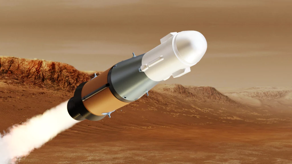 Ta ilustracja przedstawia pojazd Mars Ascent Vehicle (MAV) NASA w locie