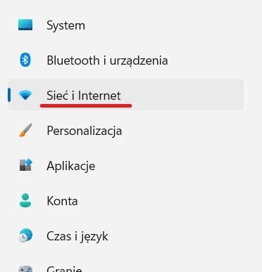 Sieć i Internet w ustawieniach Windows.