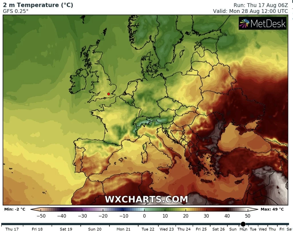 Według serwisu WX Charts chłodniejszego powietrza możemy spodziewać się w Polsce dopiero od poniedziałku, 28 sierpnia