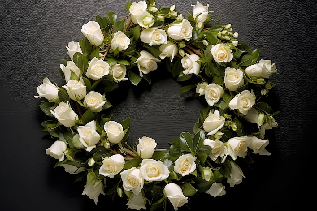 Białe róże można dołączyć do wieńca pogrzebowego, wyrażając szacunek dla zmarłej osoby.